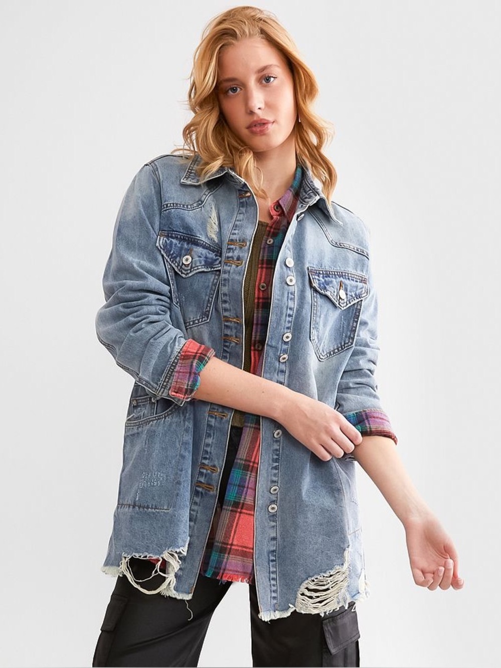 Veveret deconstructed denim jean jacket distressed blue button up casual large